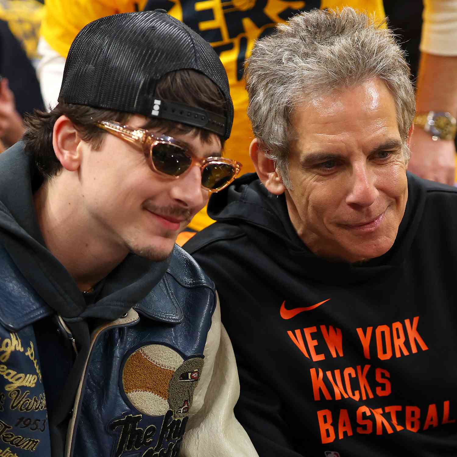 Timothée Chalamet and Ben Stiller are seen prior to Game Four of the Eastern Conference Finals between the New York Knicks and the Indiana Pacers