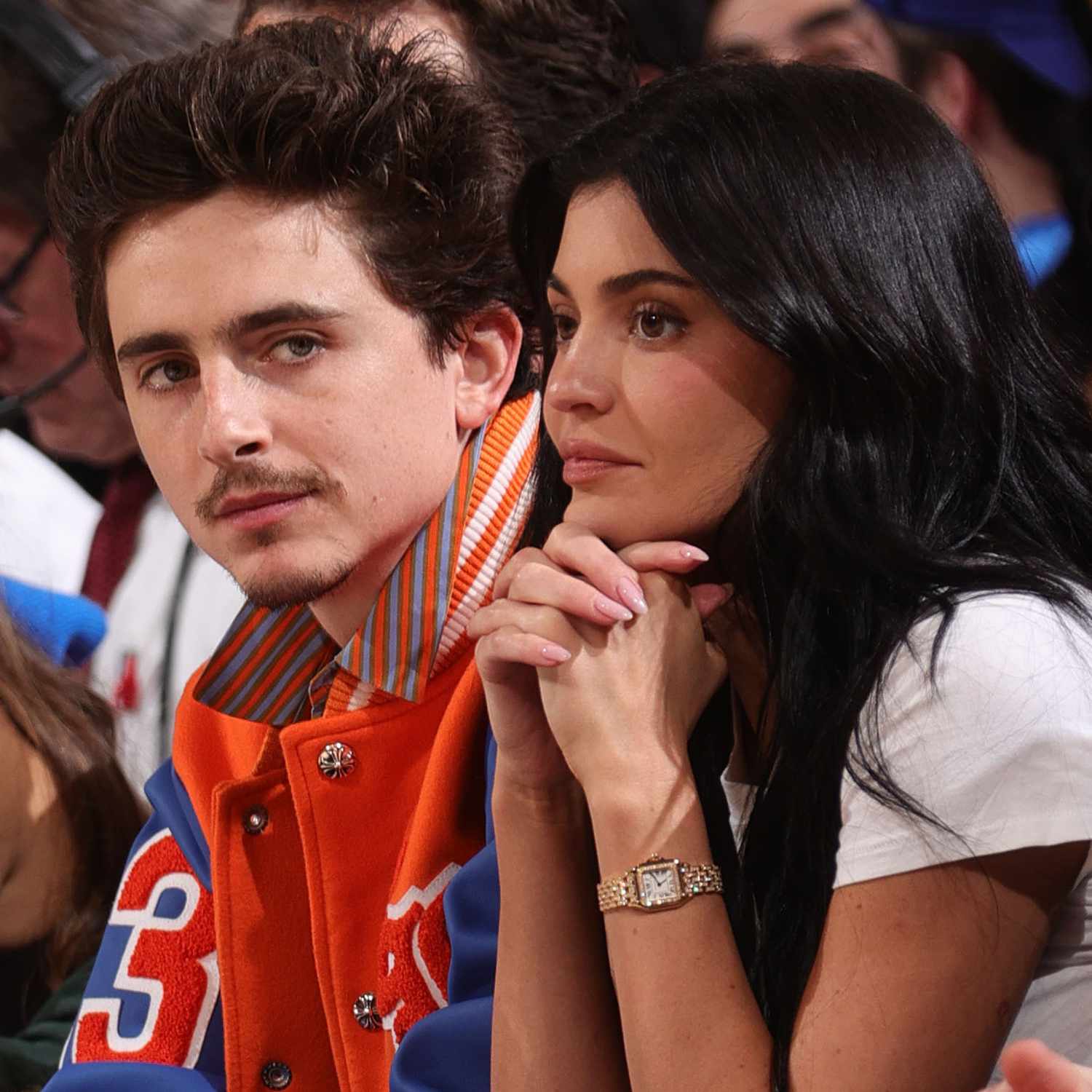 Timothée Chalamet and Kylie Jenner attend the game between the Indiana Pacers and the New York Knicks