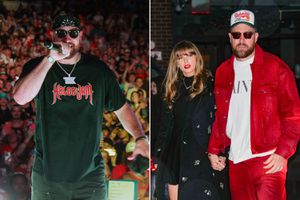 Travis Kelce hypes up the crowd during Kelce Jam 2024 ; Taylor Swift and Travis Kelce are seen on December 28, 2024 in New York City.