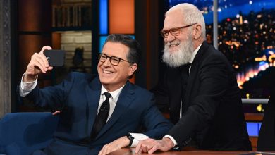 The Late Show with Stephen Colbert and guest David Letterman during Monday’s November 20, 2023 show.