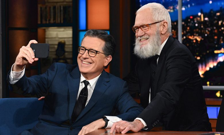The Late Show with Stephen Colbert and guest David Letterman during Monday’s November 20, 2023 show.