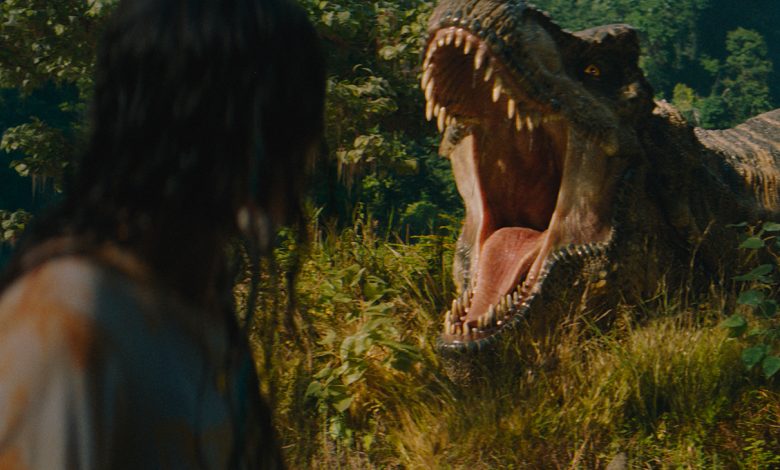 L to R: Luna Blaise and the T-Rex in Jurassic World Rebirth