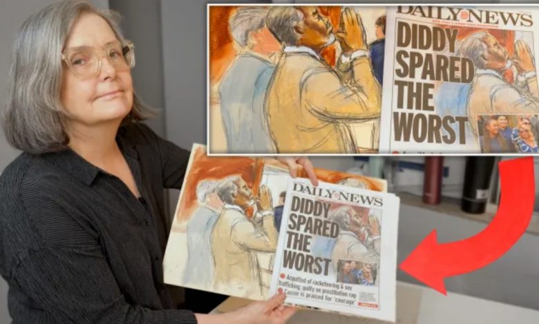 Courtroom sketch artist Elizabeth Williams holds up her rendering of the final moment of Sean "Diddy" Combs