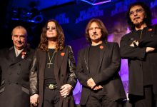 (L-R) Musicians Bill Ward, Ozzy Osbourne, Geezer Butler and Tony Iommi pose onstage during Black Sabbath Reunion Press Conference at Whisky a Go Go on November 11, 2011 in West Hollywood, California.