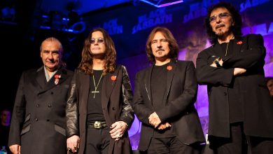 (L-R) Musicians Bill Ward, Ozzy Osbourne, Geezer Butler and Tony Iommi pose onstage during Black Sabbath Reunion Press Conference at Whisky a Go Go on November 11, 2011 in West Hollywood, California.
