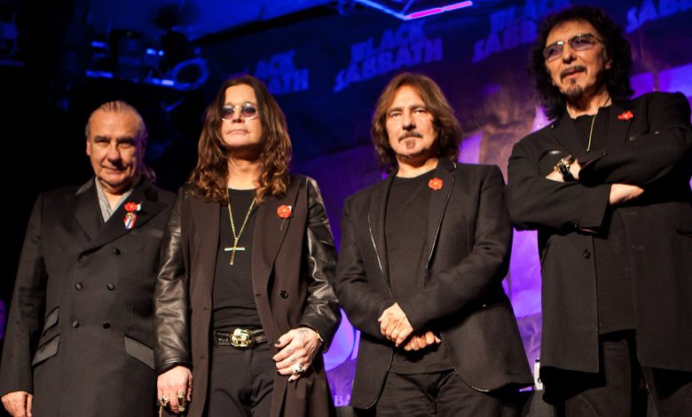 (L-R) Musicians Bill Ward, Ozzy Osbourne, Geezer Butler and Tony Iommi pose onstage during Black Sabbath Reunion Press Conference at Whisky a Go Go on November 11, 2011 in West Hollywood, California.