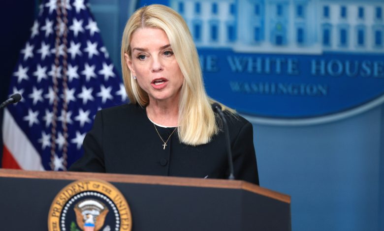 U.S. Attorney General Pam Bondi addressing the White House press corps last month.