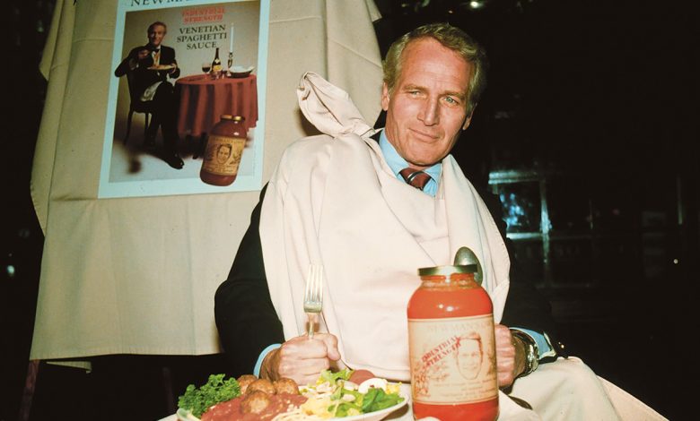 Paul Newman posed in 1983 for the launch of Newman’s Own pasta sauce, which he donated — along with monetary funds — to victims of the Bay Area earthquake in 1989.