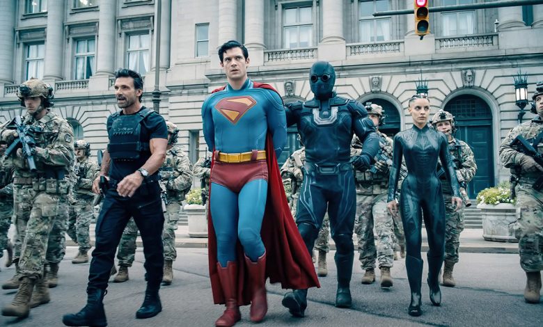 Superman, Frank Grillo as Rick Flag Sr. (left), David Corenswet as Superman (center), Maria Gabriela de Faria as The Engineer (right), 2025.