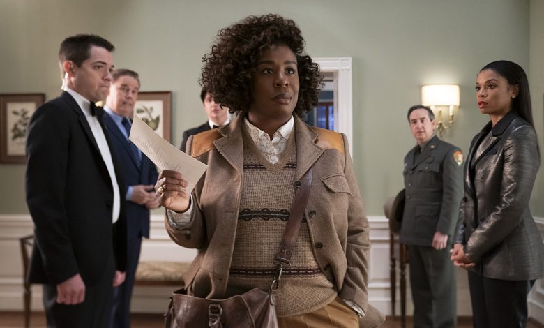 (L to R) Dan Perrault as Colin Trask, Spencer Garrett as Wally Glick, Ken Marino as Harry Hollinger, Uzo Aduba as Cordelia Cupp, Andrew Friedman as Irv Samuelson, Susan Kelechi Watson as Jasmine Haney in episode 101 of The Residence.