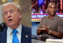 Donald Trump and Charlamagne tha God in a split photo