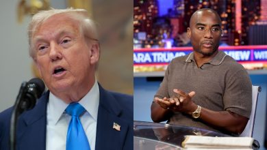 Donald Trump and Charlamagne tha God in a split photo