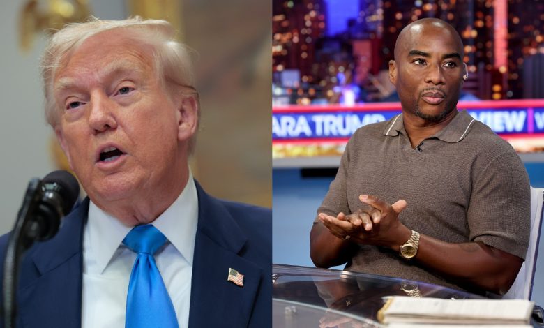 Donald Trump and Charlamagne tha God in a split photo