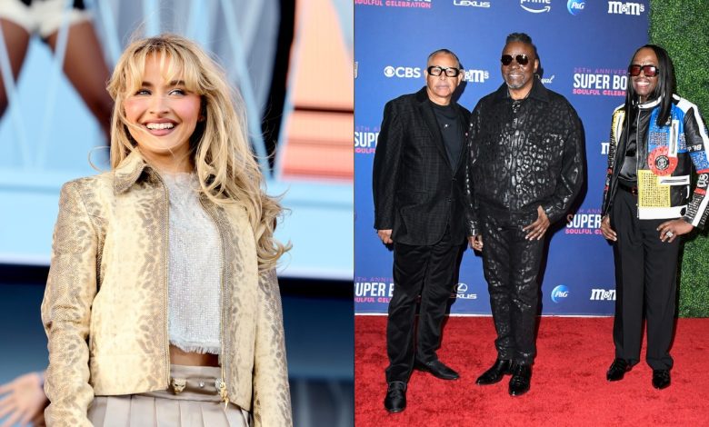 Sabrina Carpenter and Earth, Wind & Fire in a split image