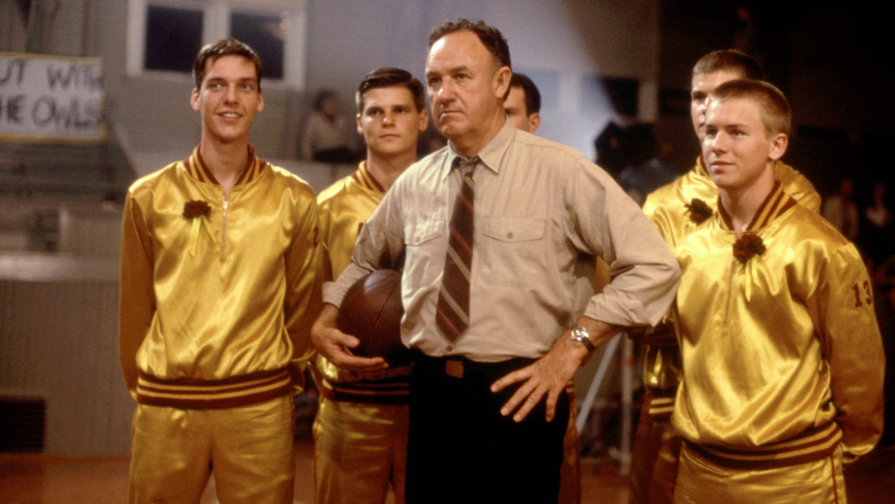 HOOSIERS, Steve Hollar, Kent Poole, Gene Hackman, Scott Summers, Brad Boyle, Wade Schenck