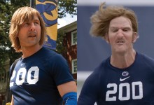 Powell (left) in disguise as the titular Chad Powers, a character originated by ex-Giants QB Eli Manning (above) as a prank video for ESPN.