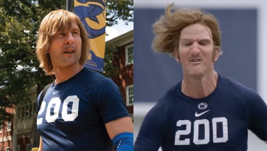 Powell (left) in disguise as the titular Chad Powers, a character originated by ex-Giants QB Eli Manning (above) as a prank video for ESPN.