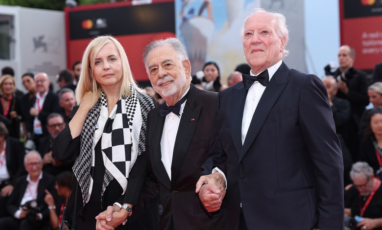 Lena Herzog, Francis Ford Coppola and Werner Herzog attend the La Grazia red carpet during the 82nd Venice International Film Festival on August 27, 2025 in Venice, Italy.