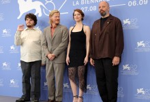 Aidan Delbis, Jesse Plemons, Emma Stone and Yorgos Lanthimos attend the ‘Bugonia’ photocall during the 82nd Venice Film Festival on Aug. 28, 2025.