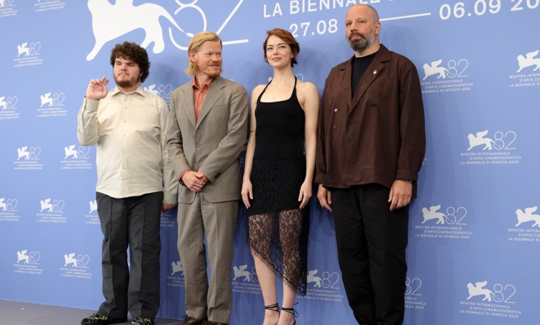 Aidan Delbis, Jesse Plemons, Emma Stone and Yorgos Lanthimos attend the ‘Bugonia’ photocall during the 82nd Venice Film Festival on Aug. 28, 2025.