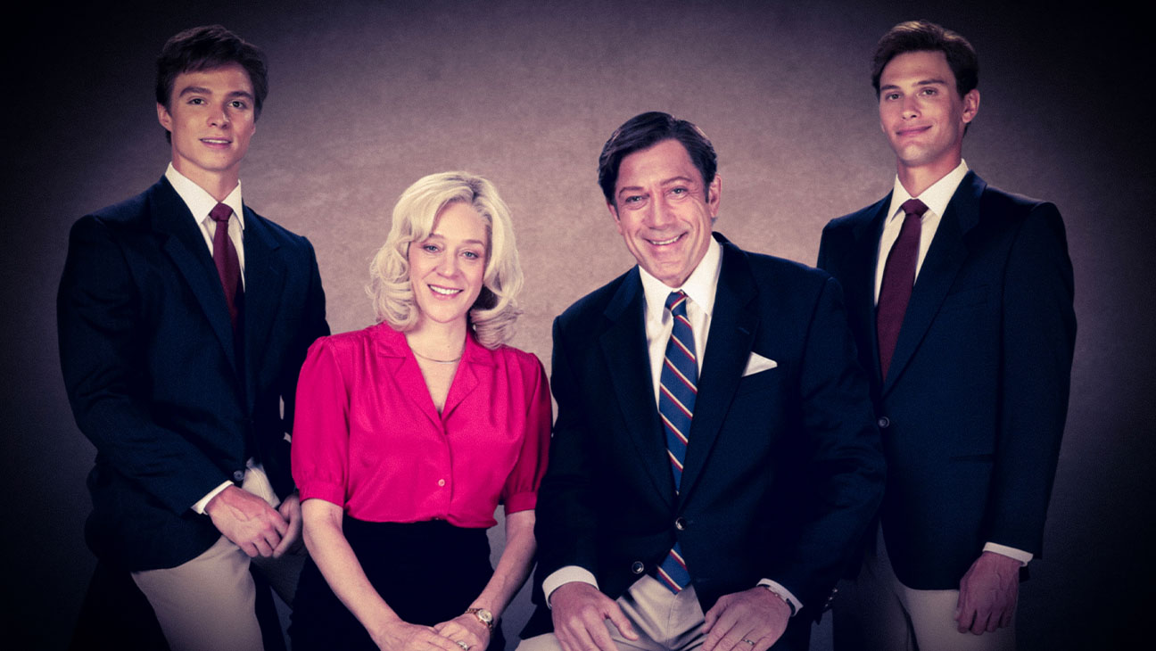 (L-R) Nicholas Alexander Chavez as Lyle Menendez, Chloë Sevigny as Mary Louise 'Kitty' Menendez, Javier Bardem as Jose Menendez and Cooper Koch as Erik Menendez in 'Monsters: The Lyle and Erik Menendez Story.'