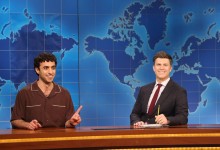 Emil Wakim (left) with anchor Colin Jost during Weekend Update on the April 12 episode.