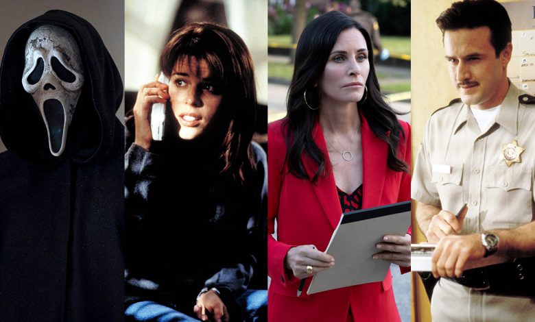 Ghostface in Scream 6, Neve Campbell in Scream, Courteney Cox in Scream 5 and David Arquette in Scream