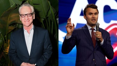 Split image of Bill Maher and Charlie Kirk