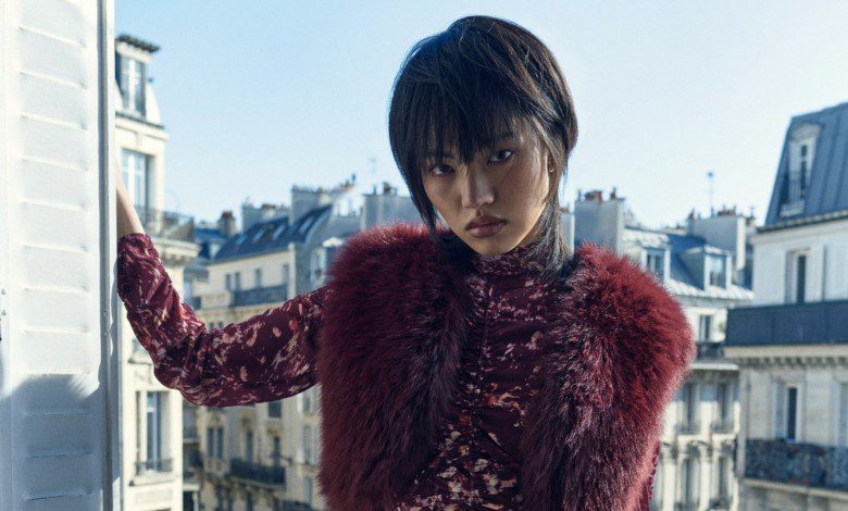 A model poses in BCBG’s fall 2025 collection.