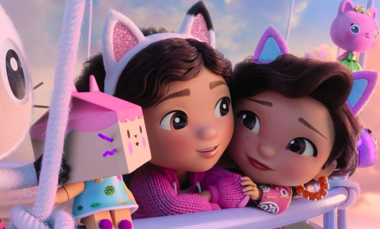 (from left) Pandy Paws (Logan Bailey), Baby Box Cat (Maggie Lowe), Gabby (Laila Lockhart Kraner), Grandma Gigi (Gloria Estefan) and Kitty Fairy (Tara Strong) in DreamWorks Animation’s Gabby’s Dollhouse: The Movie, directed by Ryan Crego.