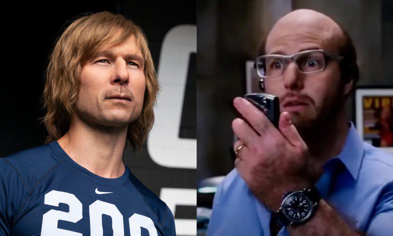 Glen Powell in the prosthetics makeup for Chad Powers and then a pic of Tom Cruise as Les Grossman in Tropic Thunder