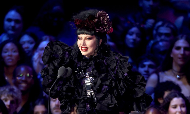 Lady Gaga accepts the artist of the year award onstage during the 2025 MTV Video Music Awards at UBS Arena on Sunday.