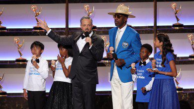 (Center L-R) Host Nate Bargatze and J. B. Smoove speak onstage during the 77th Primetime Emmy Awards at Peacock Theater on September 14, 2025 in Los Angeles, California.