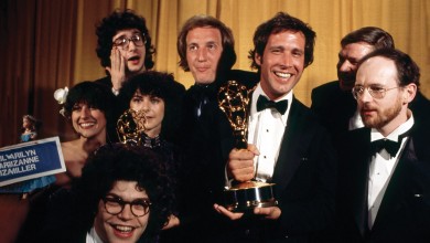 Clockwise from top left: Saturday Night’s Emmy-winning writers Tom Davis, Alan Zweibel, Chevy Chase, director Dave Wilson, Michael O’Donoghue, Al Franken, Anne Beatts and Rosie Shuster.