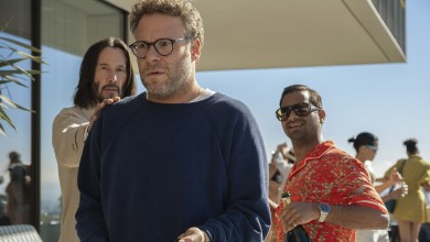 Keanu Reeves as Gabriel, Seth Rogen as Jeff, and Aziz Ansari as Ari in Good Fortune.