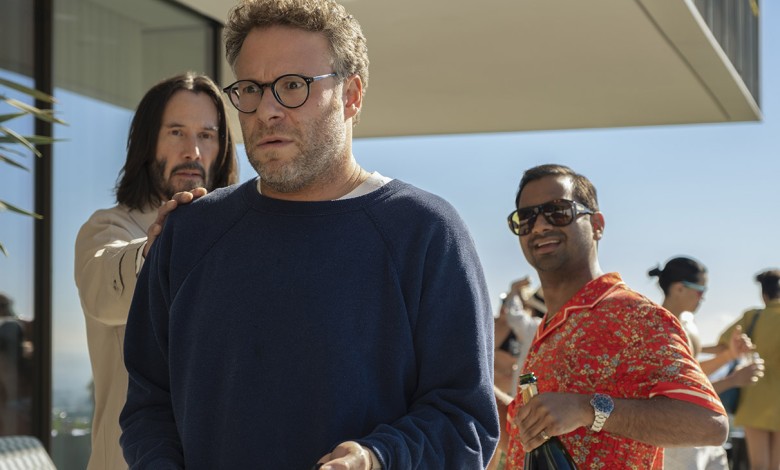 Keanu Reeves as Gabriel, Seth Rogen as Jeff, and Aziz Ansari as Ari in Good Fortune.