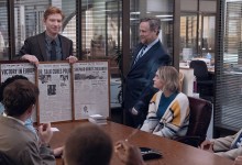 The Paper (l-r) Domhnall Gleeson as Ned Sampson, Tim Key as Ken, Chelsea Frei as Mare, Melvin Gregg as Detrick