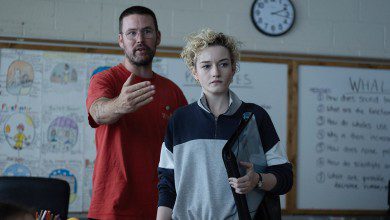 (L-R) Writer/Director Zach Cregger and Julia Garner on the set of New Line Cinema’s Weapons