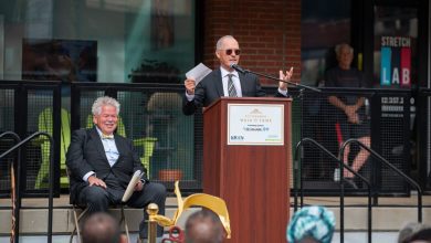 Michael Keaton speaks during the Pittsburgh Walk of Fame ceremony in Pennsylvania on Oct. 20, 2025.