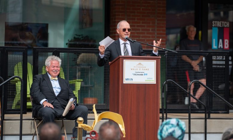 Michael Keaton speaks during the Pittsburgh Walk of Fame ceremony in Pennsylvania on Oct. 20, 2025.