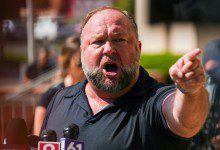 Alex Jones outside of his 2022 trial in Connecticut, in which he was sued by families of the victims of the Sandy Hook school shooting.