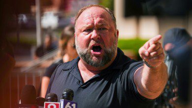 Alex Jones outside of his 2022 trial in Connecticut, in which he was sued by families of the victims of the Sandy Hook school shooting.