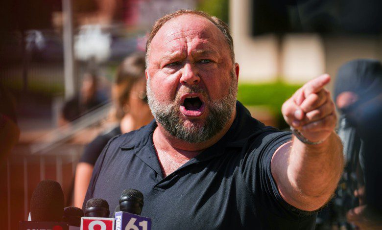 Alex Jones outside of his 2022 trial in Connecticut, in which he was sued by families of the victims of the Sandy Hook school shooting.