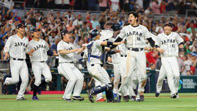 Team Japan celebrates after the final out of the World Baseball Classic Championship defeating Team USA 3-2 at loanDepot park on March 21, 2023 in Miami, Florida.