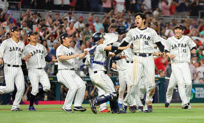 Team Japan celebrates after the final out of the World Baseball Classic Championship defeating Team USA 3-2 at loanDepot park on March 21, 2023 in Miami, Florida.
