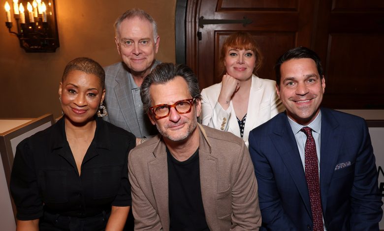 (L-R) TCM Hosts Jacqueline Stewart, Eddie Muller, Ben Mankiewicz, Alicia Malone and Dave Karger attend the Closing Night Party during the 2025 TCM Classic Film Festival at The Hollywood Roosevelt on April 27, 2025 in Hollywood, California.