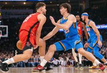 Brooks Barnhizer 23 of the Oklahoma City Thunder guards Alperen Sengun 28 of the Houston Rockets during the first half at Paycom Center on October 21, 2025 in Oklahoma City, Oklahoma.