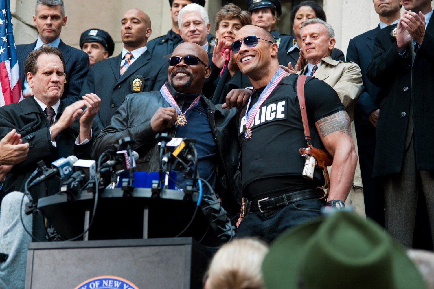 Samuel L. Jackson (left of center) and Dwayne Johnson (right of center) in 'The Other Guys'