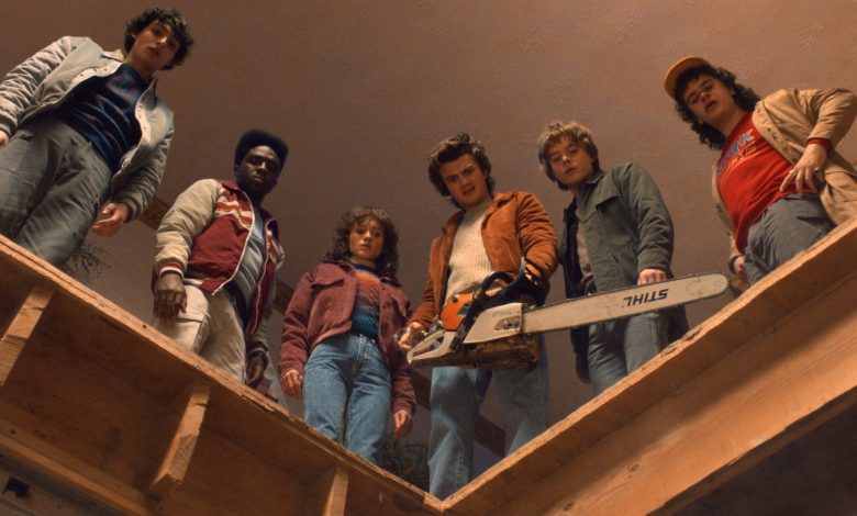 Finn Wolfhard as Mike Wheeler, Caleb McLaughlin as Lucas Sinclair, Natalia Dyer as Nancy Wheeler, Joe Keery as Steve Harrington, Charlie Heaton as Jonathan Byers, and Gaten Matarazzo as Dustin Henderson