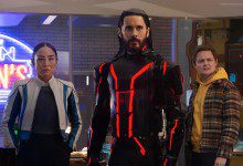 (L-R) Greta Lee as Eve Kim, Jared Leto as Ares, and Arturo Castro as Seth Flores in Tron: Ares